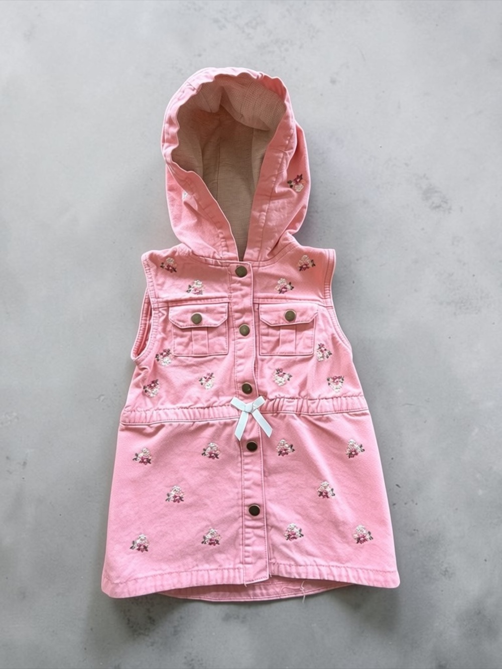 Little Lass Pink Hooded Dress Floral Embroidered Button Front Size 6